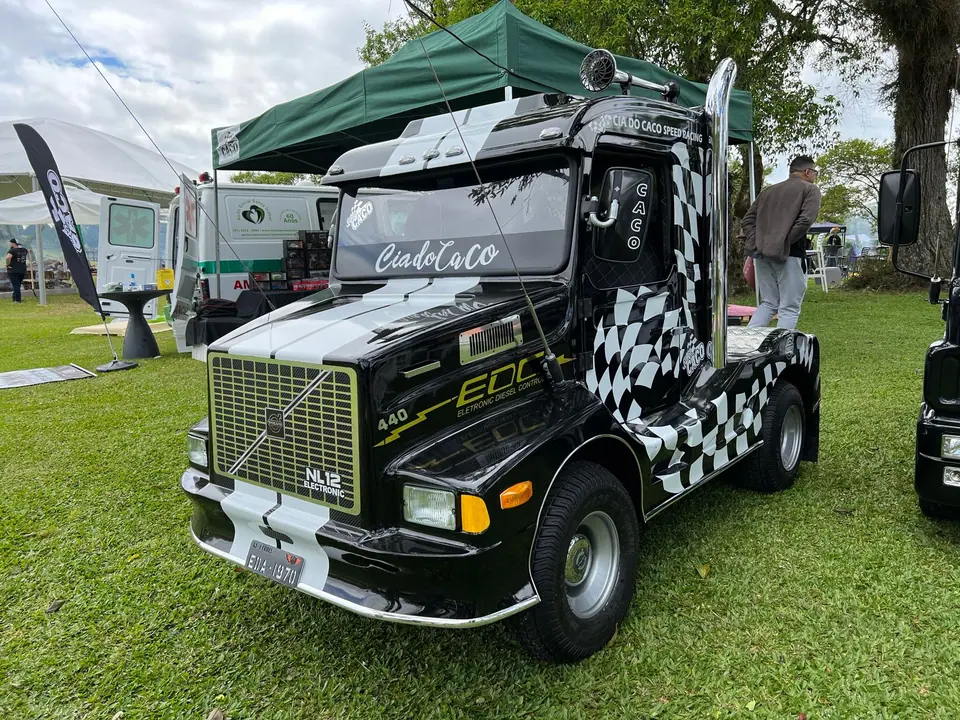 Mini caminhão Volvo preto e quadriculado sobre um gramado